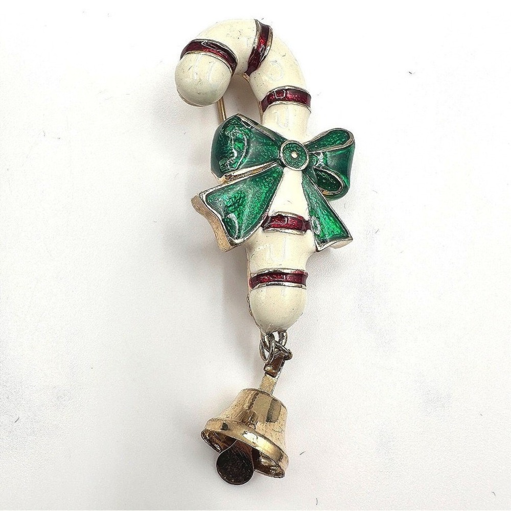Vintage 80s Christmas Candy Cane Brooch Pin Green Bow Bell Gold Tone Jewelry Y2K